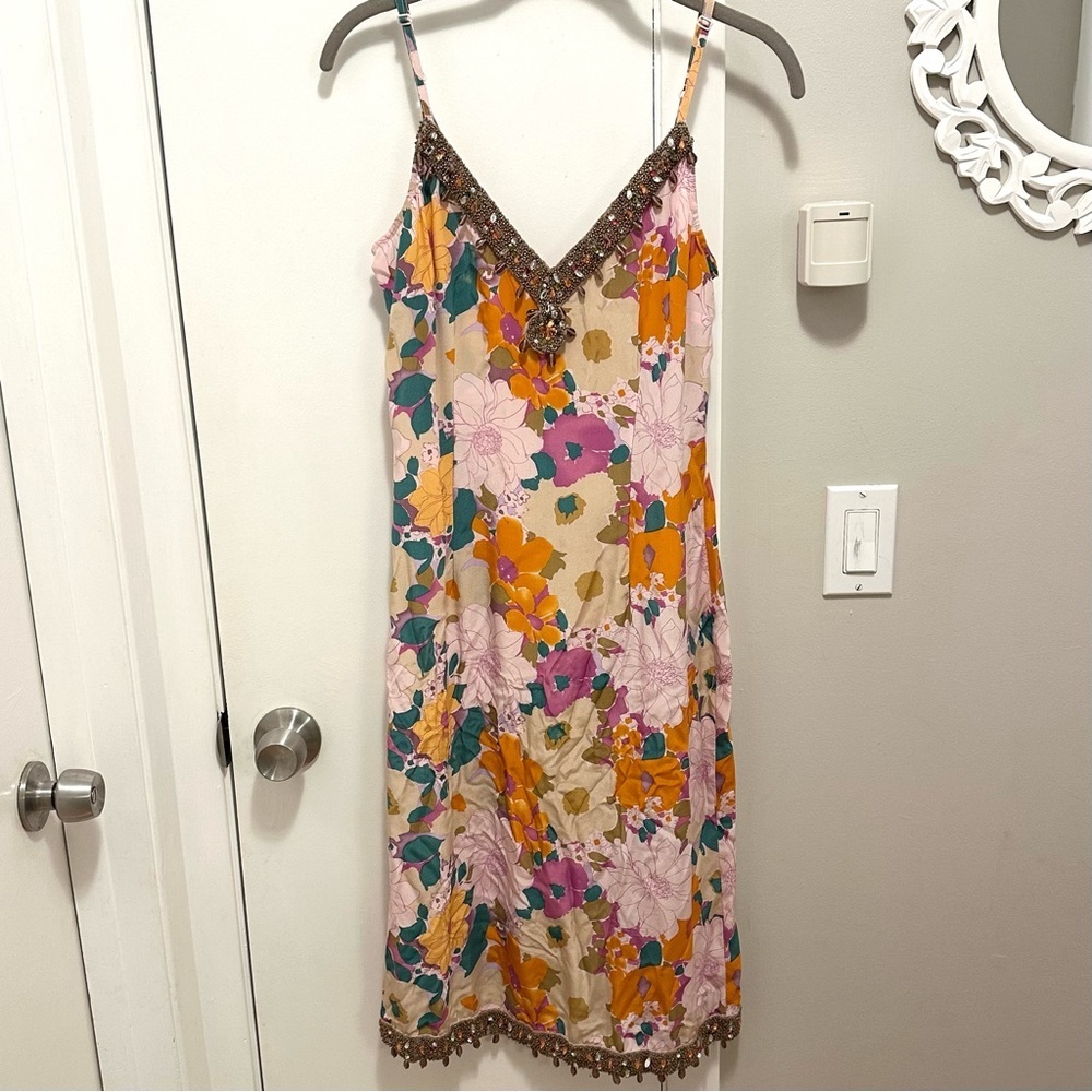 Plenty Tracy Reese 100% Silk Beaded Floral Retro Flower Print Midi Slip Dress 6